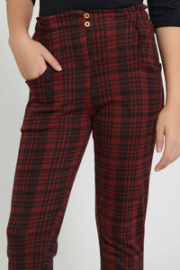 Redtag-Red/Black-Plaid-Trouser-Cargo-Pants-Senior-Girls-9 to 14 Years