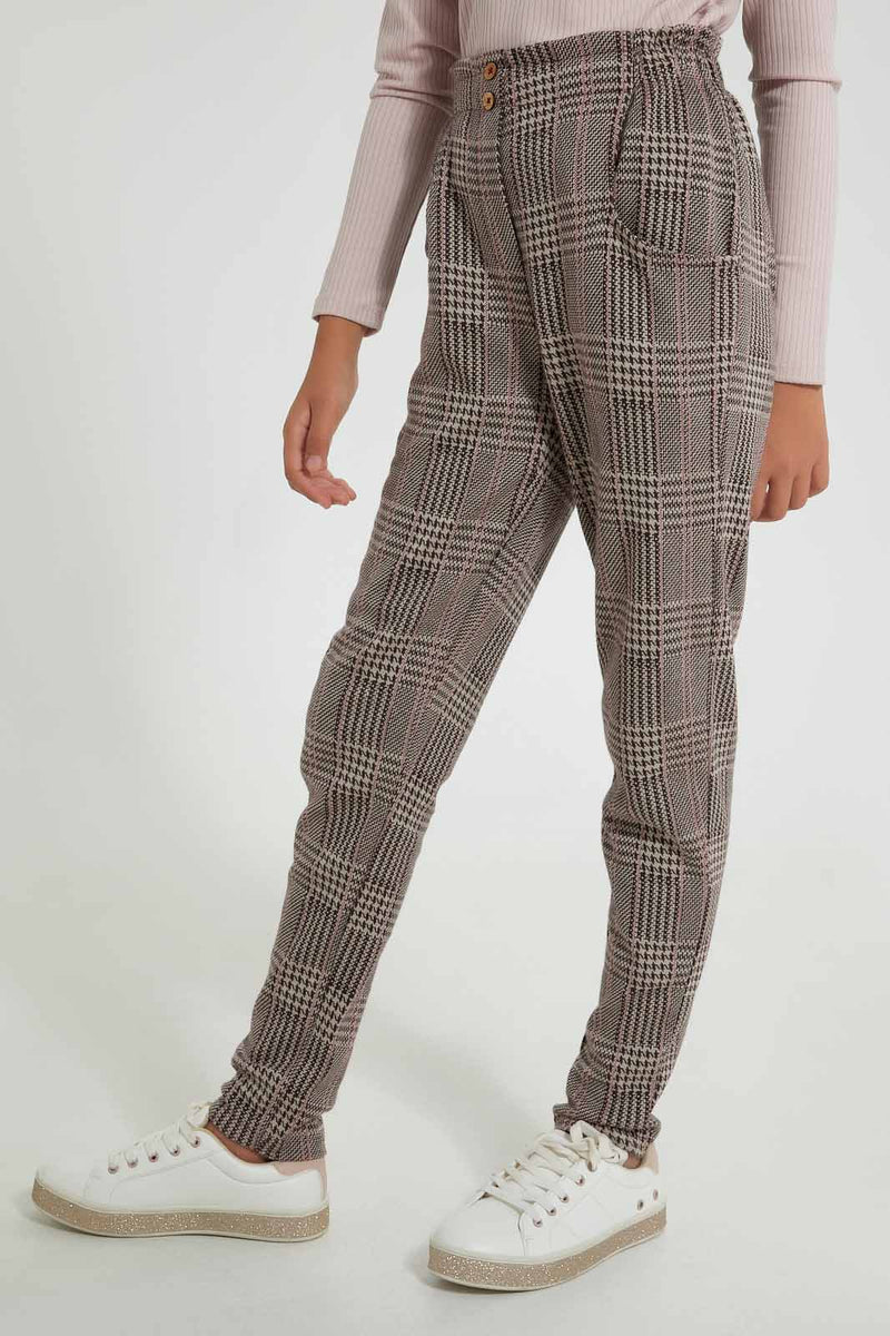 Redtag-Beige/Pink-Plaid-Trouser-Cargo-Pants-Senior-Girls-9 to 14 Years