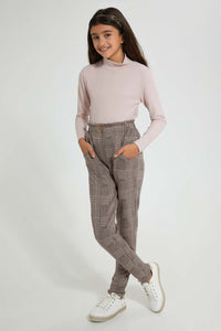 Redtag-Beige/Pink-Plaid-Trouser-Cargo-Pants-Senior-Girls-9 to 14 Years