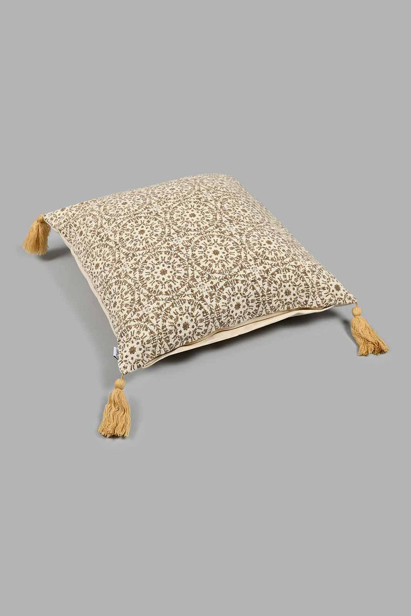 Redtag-Beige-Printed-Cushion-With-Fringes-Colour:Beige,-Filter:Home-Bedroom,-HMW-BED-Cushions,-New-In,-New-In-HMW-BED,-Non-Sale,-S22A,-Section:Homewares-Home-Bedroom-