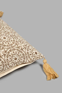 Redtag-Beige-Printed-Cushion-With-Fringes-Colour:Beige,-Filter:Home-Bedroom,-HMW-BED-Cushions,-New-In,-New-In-HMW-BED,-Non-Sale,-S22A,-Section:Homewares-Home-Bedroom-