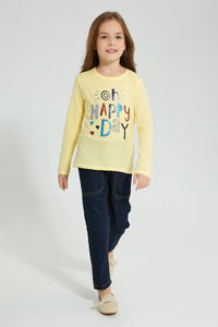 Redtag-Yellow-Slogan-T-Shirt-Colour:Yellow,-Filter:Girls-(2-to-8-Yrs),-Girls-T-Shirts,-New-In,-New-In-GIR,-Non-Sale,-S22A,-Section:Kidswear,-TBL-Girls-2 to 8 Years