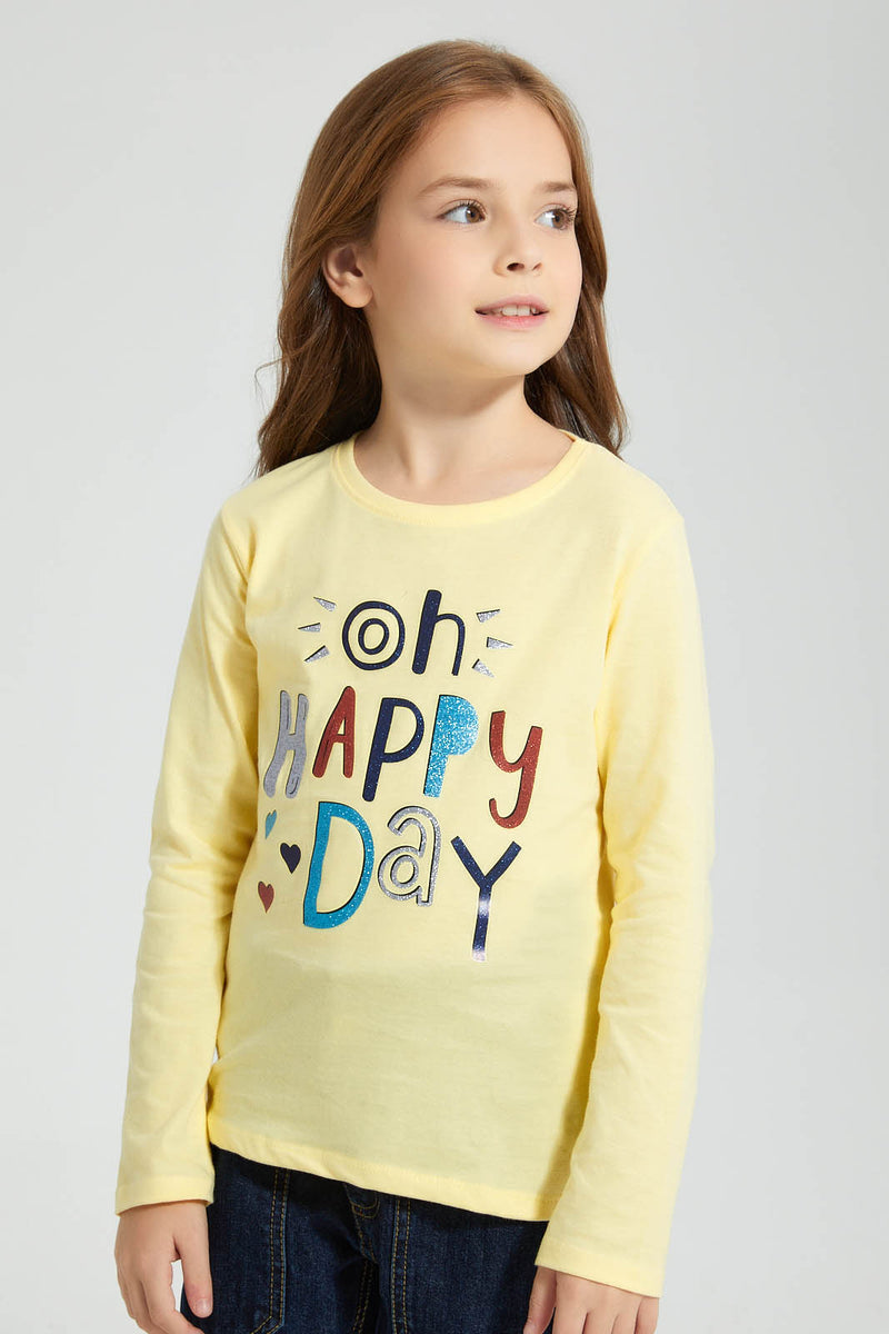 Redtag-Yellow-Slogan-T-Shirt-Colour:Yellow,-Filter:Girls-(2-to-8-Yrs),-Girls-T-Shirts,-New-In,-New-In-GIR,-Non-Sale,-S22A,-Section:Kidswear,-TBL-Girls-2 to 8 Years