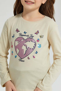 Redtag-Beige-Slogan-T-Shirt-Colour:Beige,-Filter:Girls-(2-to-8-Yrs),-Girls-T-Shirts,-New-In,-New-In-GIR,-Non-Sale,-S22A,-Section:Kidswear,-TBL-Girls-2 to 8 Years