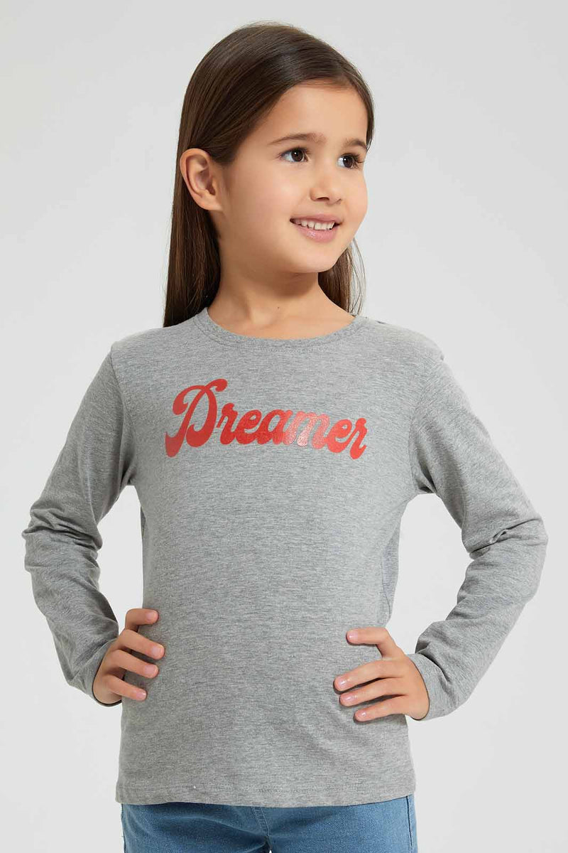 Redtag-Grey-Slogan-Print-Tee-Blouses-Girls-2 to 8 Years