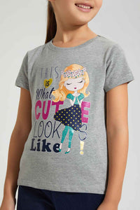 Redtag-Grey-Girl-Print-T-Shirt-Graphic-Prints-Girls-2 to 8 Years