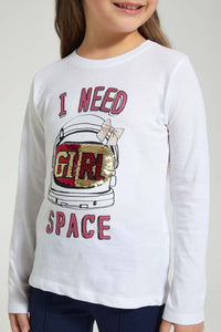 Redtag-White-Sequined-Helmet-T-Shirt-Long-Sleeves-Girls-2 to 8 Years