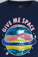 Load image into Gallery viewer, Redtag-Navy-Sequined-Planet-T-Shirt-Long-Sleeves-Girls-2 to 8 Years
