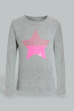 Load image into Gallery viewer, Redtag-Grey-Sequined-Star-T-Shirt-Long-Sleeves-Girls-2 to 8 Years
