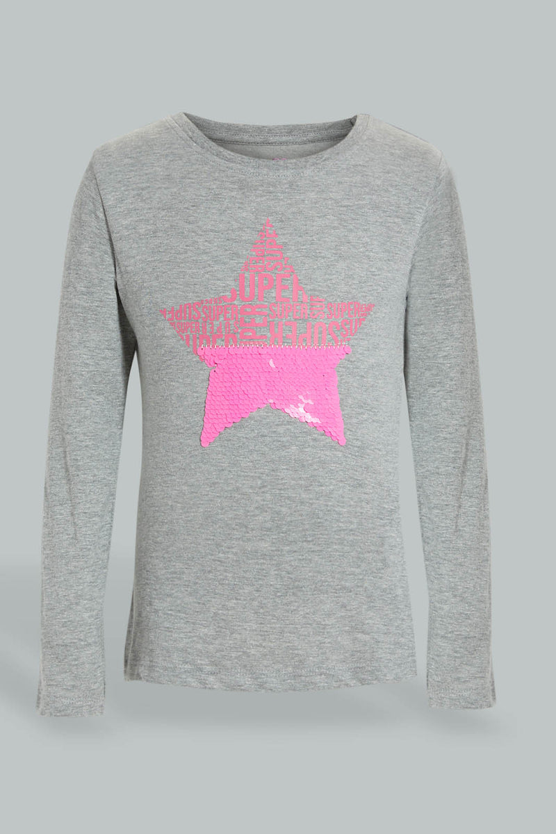 Redtag-Grey-Sequined-Star-T-Shirt-Long-Sleeves-Girls-2 to 8 Years