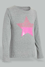 Load image into Gallery viewer, Redtag-Grey-Sequined-Star-T-Shirt-Long-Sleeves-Girls-2 to 8 Years
