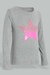 Redtag-Grey-Sequined-Star-T-Shirt-Long-Sleeves-Girls-2 to 8 Years