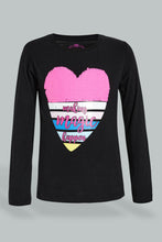 Load image into Gallery viewer, Redtag-Black-Heart-Sequin-T-Shirt-Long-Sleeves-Girls-2 to 8 Years
