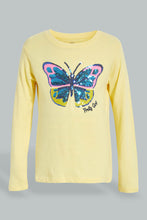 Load image into Gallery viewer, Redtag-Yellow-Butterfly-Sequin-T-Shirt-Long-Sleeves-Girls-2 to 8 Years
