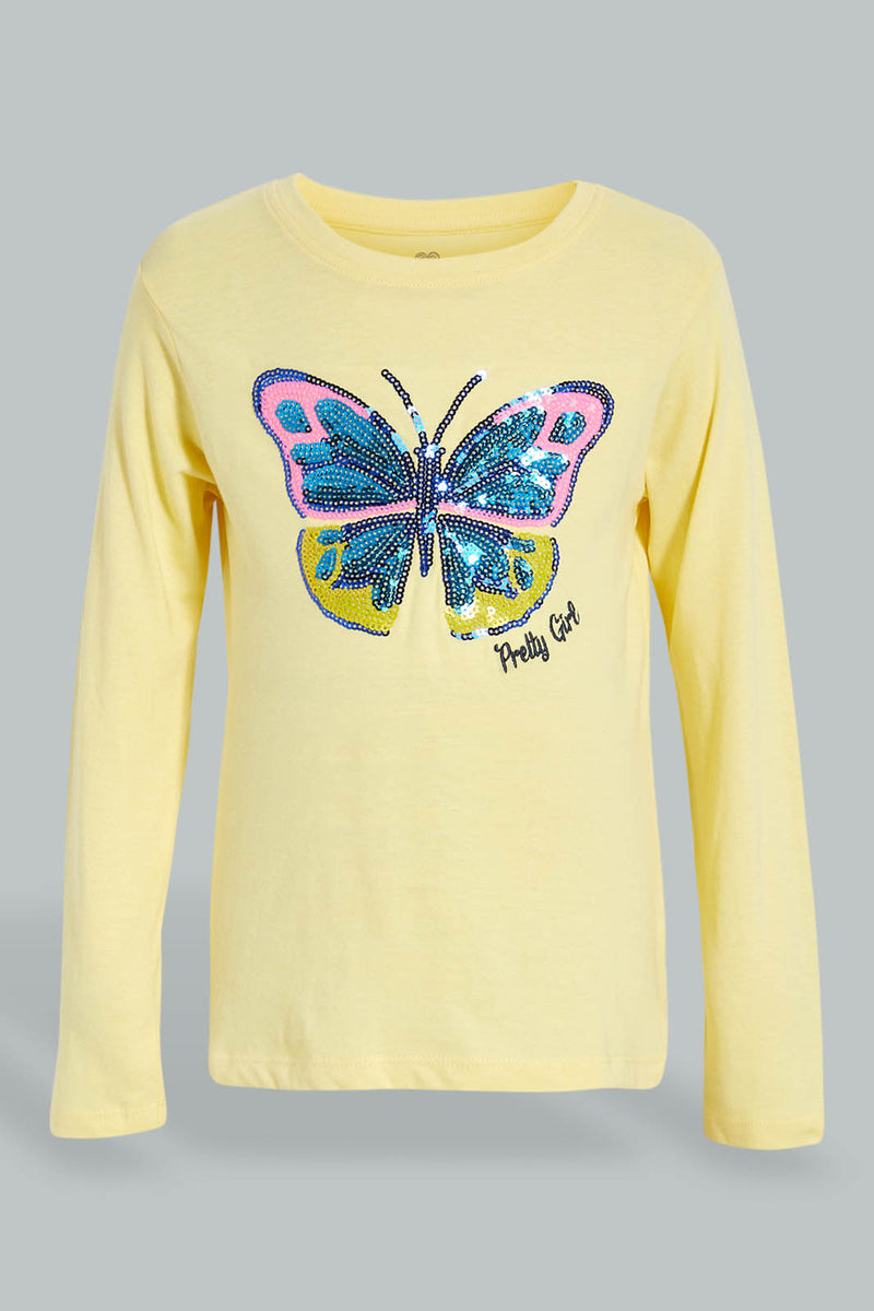 Redtag-Yellow-Butterfly-Sequin-T-Shirt-Long-Sleeves-Girls-2 to 8 Years