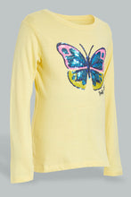 Load image into Gallery viewer, Redtag-Yellow-Butterfly-Sequin-T-Shirt-Long-Sleeves-Girls-2 to 8 Years
