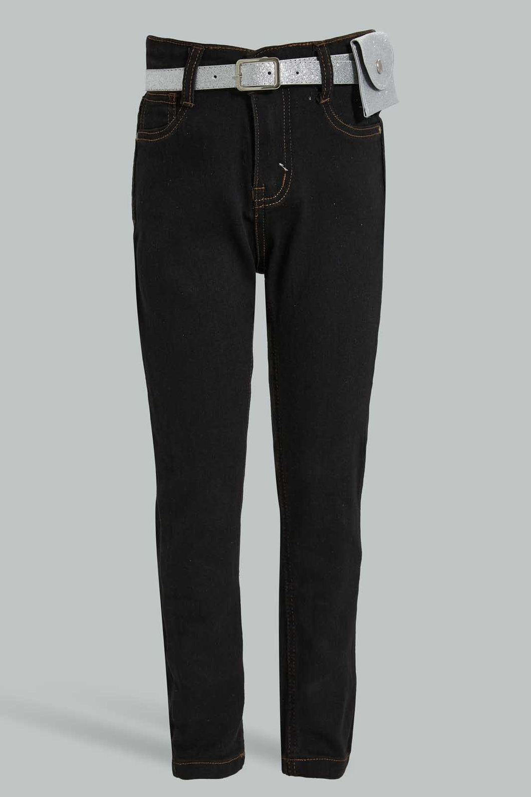 Redtag-Black-Jean-With-Pouch-&-Belt-Jeans-Girls-2 to 8 Years