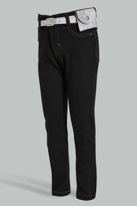Redtag-Black-Jean-With-Pouch-&-Belt-Jeans-Girls-2 to 8 Years