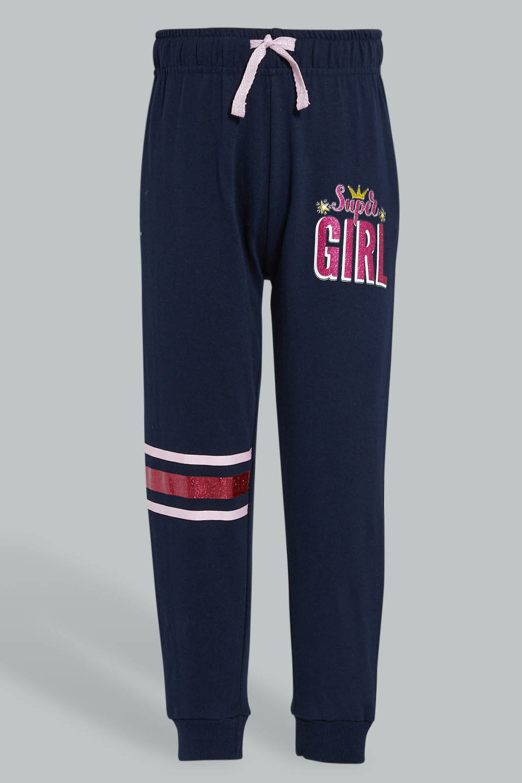 Redtag-Navy-Slogan-Print-Track-Joggers-Girls-2 to 8 Years