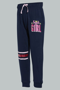 Redtag-Navy-Slogan-Print-Track-Joggers-Girls-2 to 8 Years