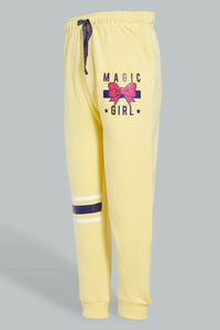 Redtag-Yellow-Slogan-Print-Track-Joggers-Girls-2 to 8 Years