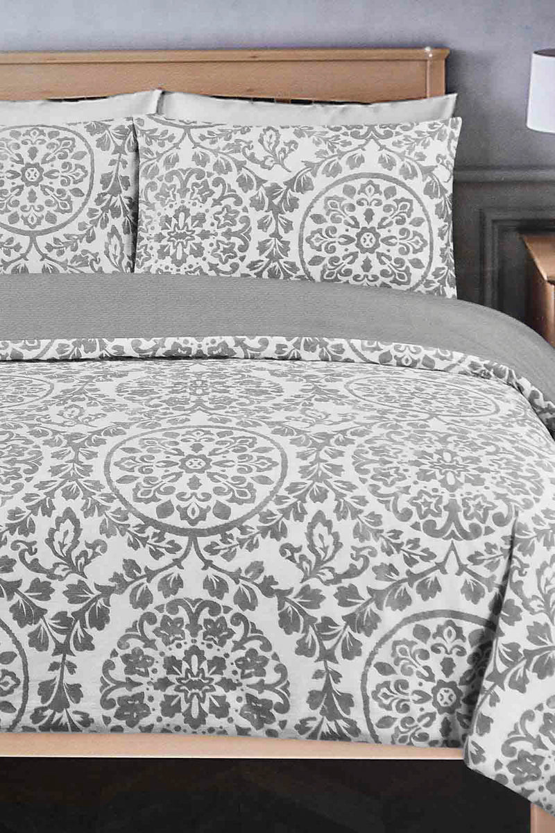 Grey Floral Reversible 3-Piece Duvet Cover Set (Double Size)