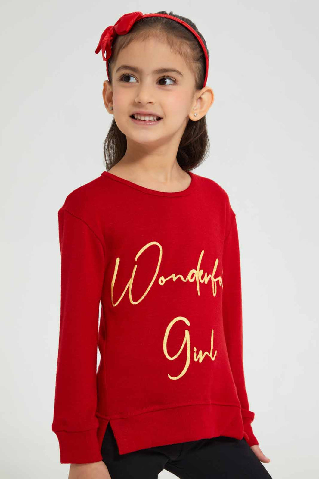 Redtag-Red-Slogan-Embroidered-Tee-Plain-T-Shirts-Girls-2 to 8 Years