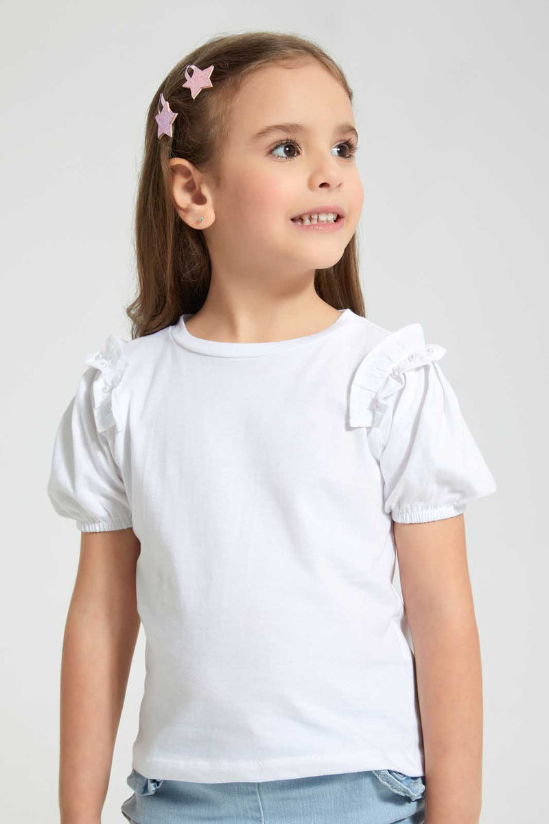 Redtag-White-Frill-Bead-Tee-Blouses-Girls-2 to 8 Years