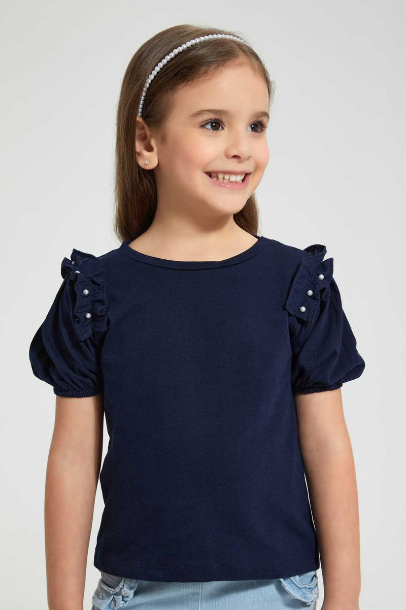 Redtag-Navy-Frill-Bead-Tee-Blouses-Girls-2 to 8 Years