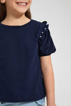 Load image into Gallery viewer, Redtag-Navy-Frill-Bead-Tee-Blouses-Girls-2 to 8 Years
