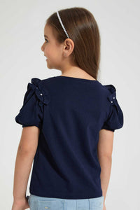 Redtag-Navy-Frill-Bead-Tee-Blouses-Girls-2 to 8 Years