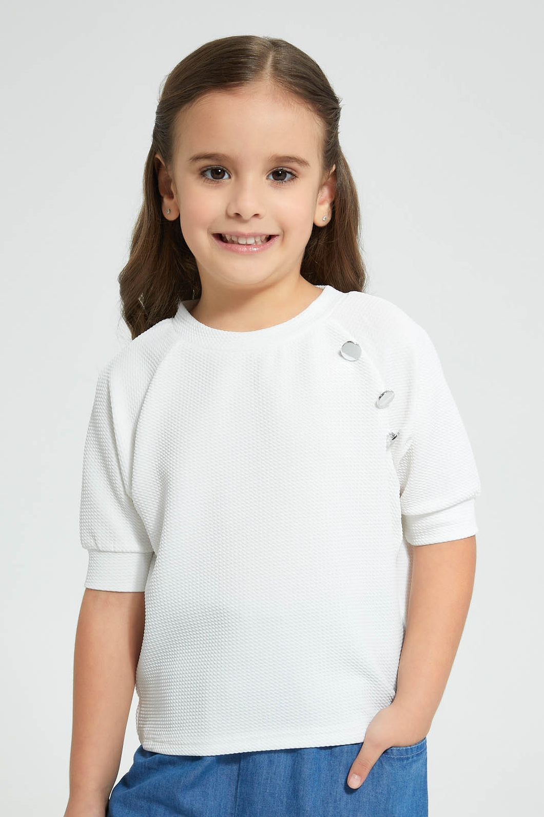 Redtag-Cream-Button-Textured-T-Shirt-Plain-Girls-2 to 8 Years