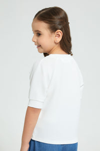 Redtag-Cream-Button-Textured-T-Shirt-Plain-Girls-2 to 8 Years