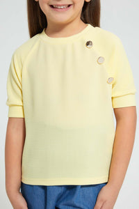 Redtag-Yellow-Button-Textured-T-Shirt-Plain-Girls-2 to 8 Years