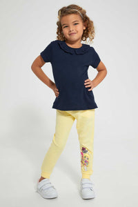 Redtag-Navy-Embroidered-Collar-Tee-Plain-Girls-2 to 8 Years