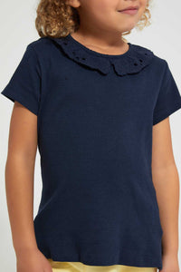 Redtag-Navy-Embroidered-Collar-Tee-Plain-Girls-2 to 8 Years