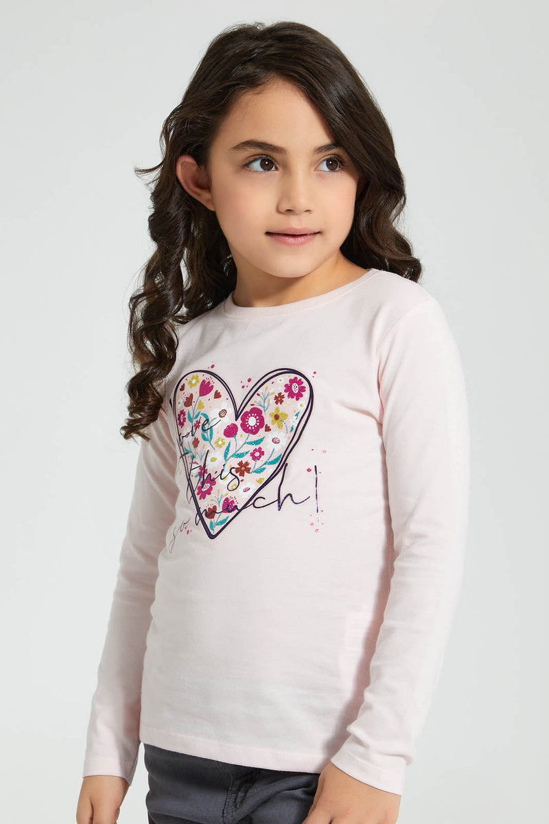 Redtag-Pink-Heart-Print-T-Shirt-Graphic-Prints-Girls-2 to 8 Years