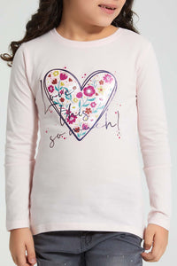 Redtag-Pink-Heart-Print-T-Shirt-Graphic-Prints-Girls-2 to 8 Years