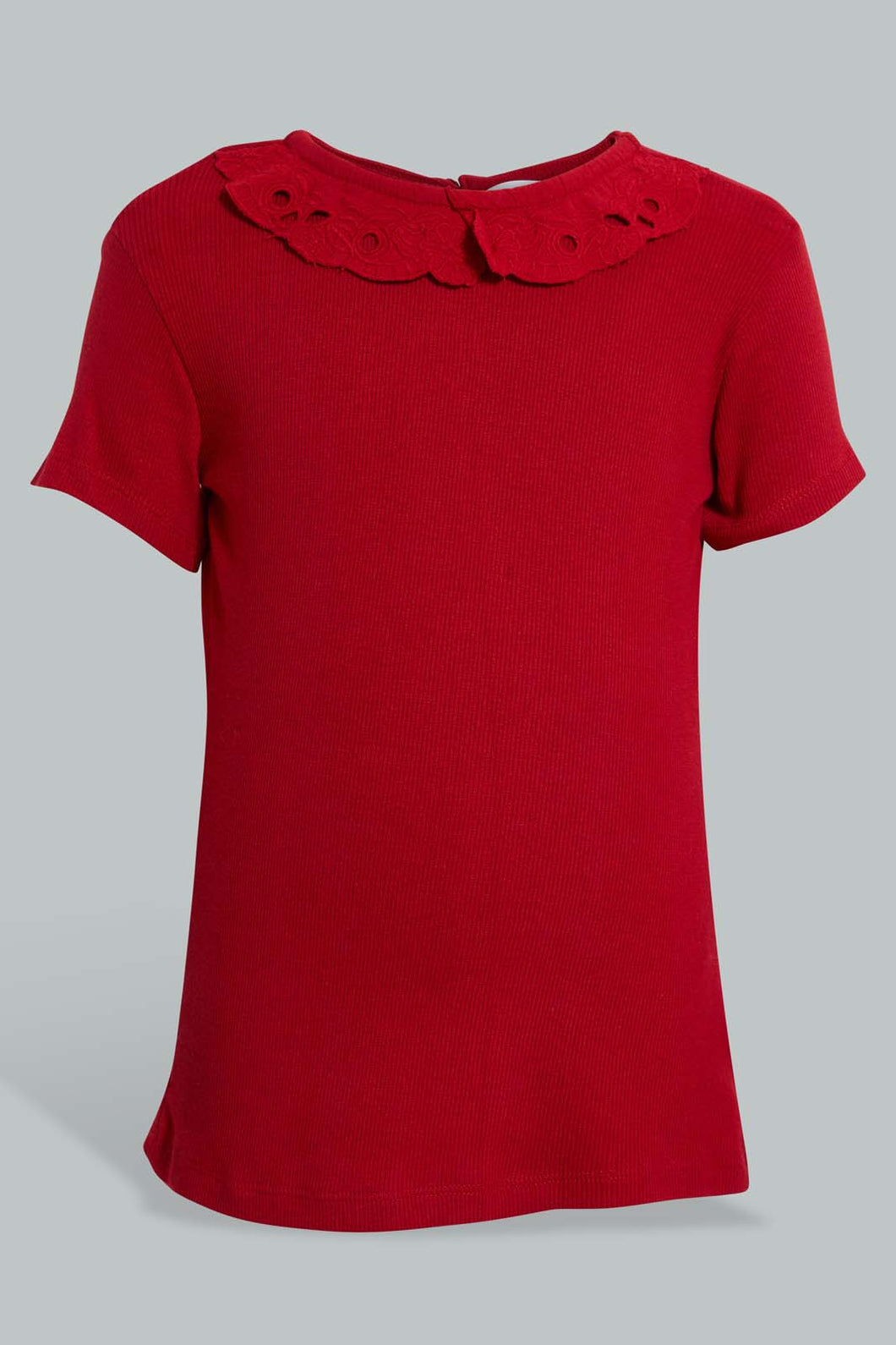 Redtag-Red-Embroidered-Collar-T-Shirt-Plain-Girls-2 to 8 Years