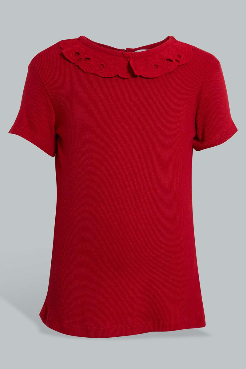 Redtag-Red-Embroidered-Collar-T-Shirt-Plain-Girls-2 to 8 Years