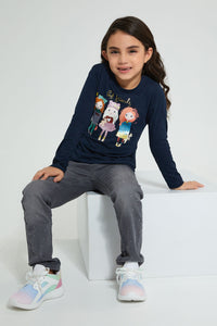 Redtag-Navy-Girl-Print-T-Shirt-Graphic-Prints-Girls-2 to 8 Years