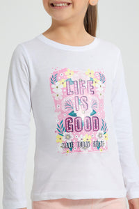 Redtag-White-Slogan-Print-T-Shirt-Colour:White,-Filter:Girls-(2-to-8-Yrs),-Girls-T-Shirts,-New-In,-New-In-GIR,-Non-Sale,-S22A,-Section:Kidswear,-TBL-Girls-2 to 8 Years