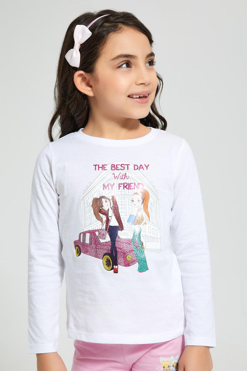 Redtag-White-Girl-Print-T-Shirt-Graphic-Prints-Girls-2 to 8 Years