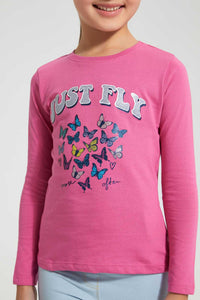 Redtag-Fuchsia-Butterfly-Print-Tee-Blouses-Girls-2 to 8 Years