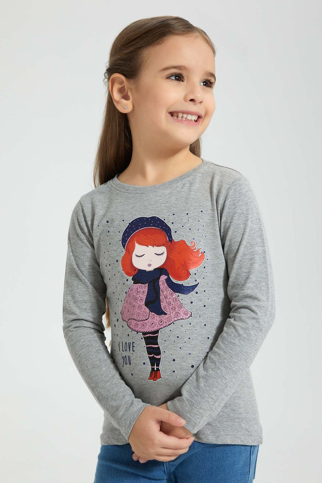 Redtag-Grey-Girl-Print-T-Shirt-Graphic-Prints-Girls-2 to 8 Years