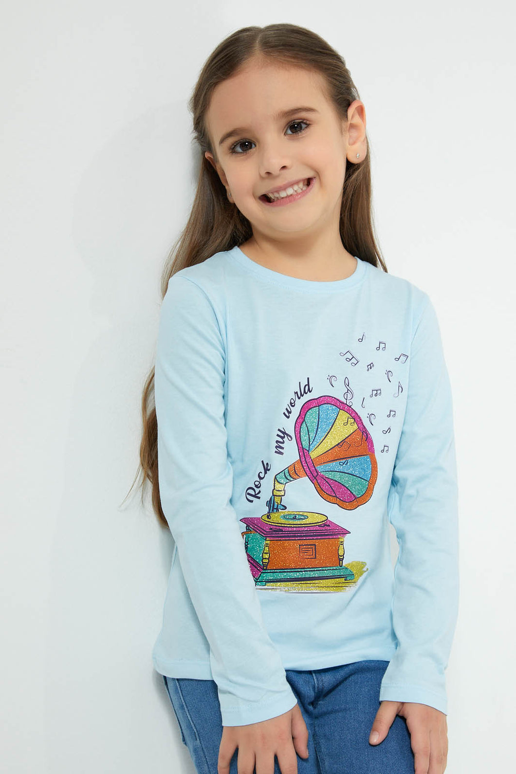 Redtag-Blue-Gramophone-T-Shirt-Graphic-Prints-Girls-2 to 8 Years