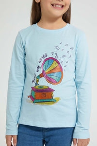 Redtag-Blue-Gramophone-T-Shirt-Graphic-Prints-Girls-2 to 8 Years