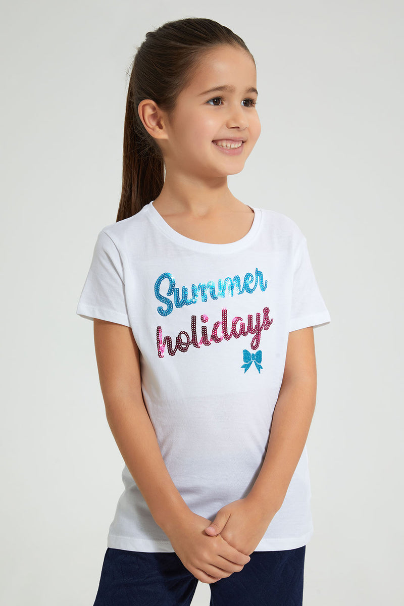 Redtag-White-Slogan-Sequin-Tee-Blouses-Girls-2 to 8 Years