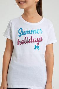 Redtag-White-Slogan-Sequin-Tee-Blouses-Girls-2 to 8 Years