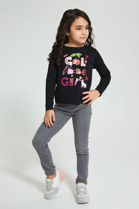 Redtag-Black-Slogan-T-Shirt-Graphic-Prints-Girls-2 to 8 Years